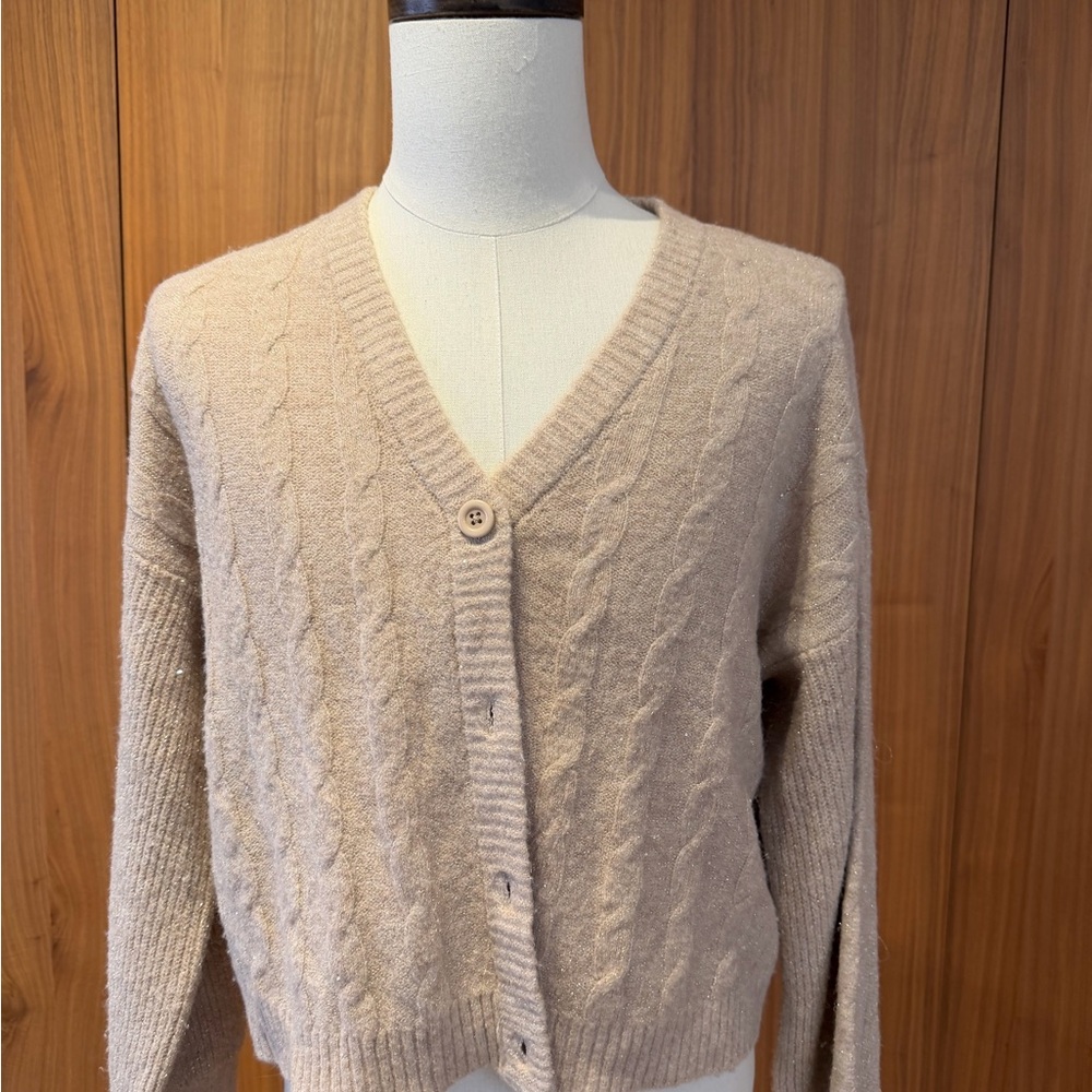 Cost Plus World Market Tan Cable Knit Cardigan with subtle sparkle —one Size